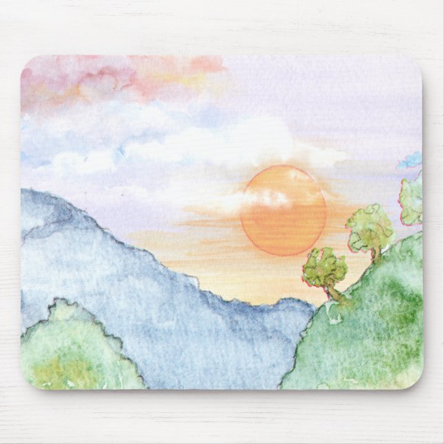 Aquareller Sonnenuntergang über Gebirge und Bäume Mousepad (Vorne)