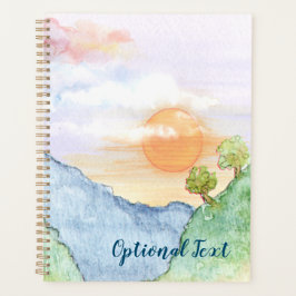 Aquareller Sonnenuntergang über Gebirge und Bäume Planer