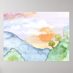 Aquareller Sonnenuntergang über Gebirge und Bäume Poster