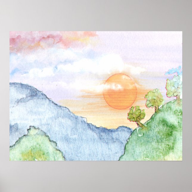 Aquareller Sonnenuntergang über Gebirge und Bäume Poster (Vorne)