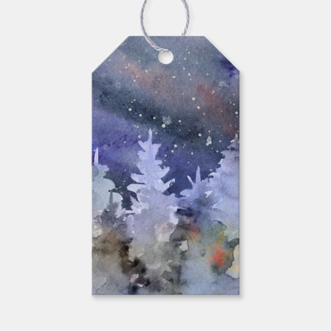 Aquareller Sternenhimmel, Winterwald Geschenkanhänger (Vorderseite)