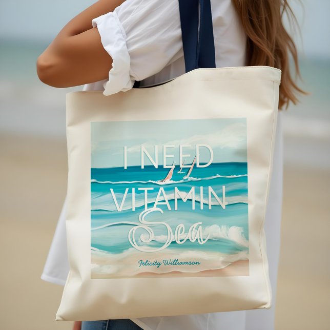 Aquareller Strand "I Need Vitamin Sea" Tragetasche (Watercolor Beachside Ocean 'I Need Vitamin Sea" Tote Bag)