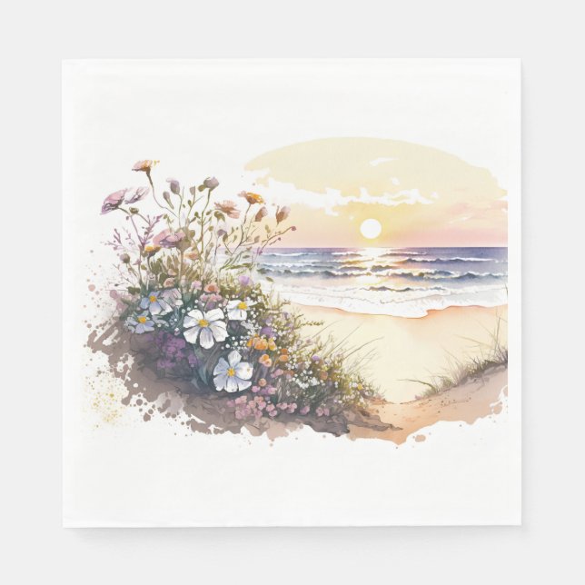 Aquareller Strand mit Blume Serviette (Vorderseite)