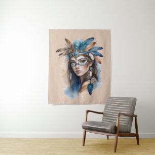 Aquareller Tribal Beauty: Geist der Bohemischen Ku Wandteppich