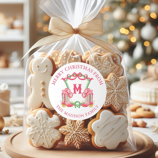 Aquareller Weihnachtsjunge Boost Monogram Wappen Runder Aufkleber (Von Creator hochgeladen)