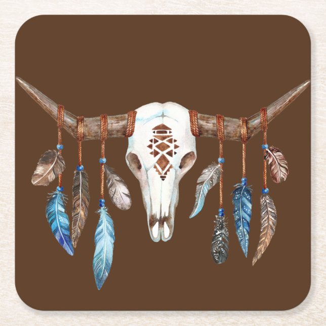 Aquareller Western Schädel mit Federn Rechteckiger Pappuntersetzer (Vorderseite)