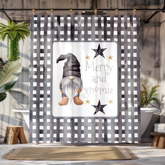 Aquareller Winter Gnome am Buffalo Karo Weihnachte Duschvorhang (Watercolor Winter Gnome on Buffalo check Christmas Shower Curtain)