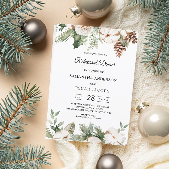 Aquareller Winter Grüne Pine Tree & Weiße Blume Einladung (Von Creator hochgeladen)