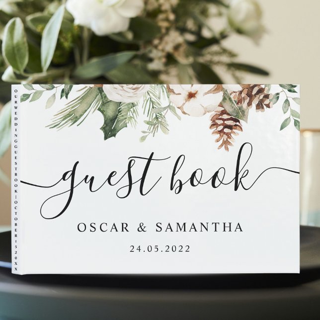 Aquareller Winter Grüne Pine Tree & Weiße Blume Gästebuch (Von Creator hochgeladen)