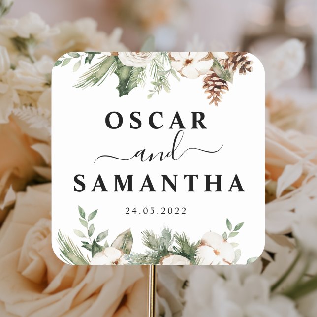 Aquareller Winter Grüne Pine Tree & Weiße Blume Quadratischer Aufkleber (Von Creator hochgeladen)