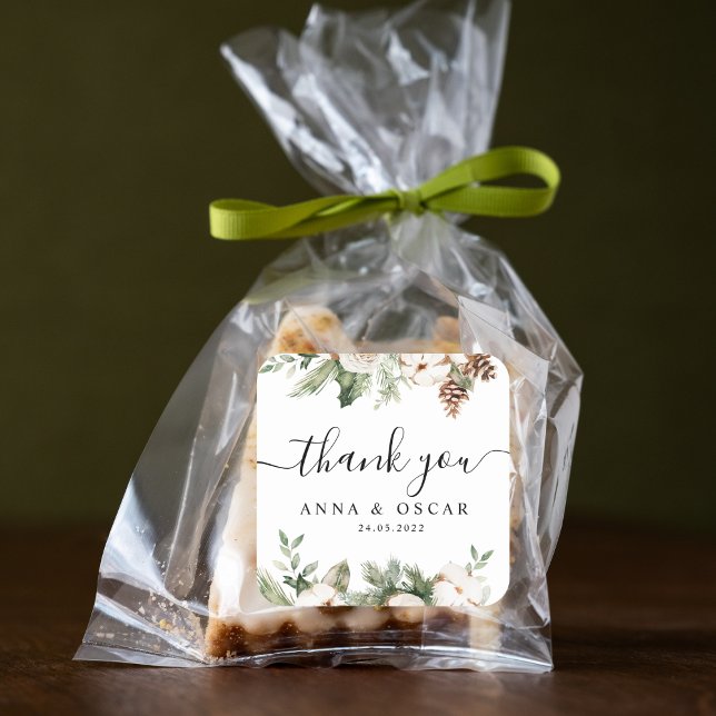 Aquareller Winter Grüne Pine Tree & Weiße Blume Quadratischer Aufkleber (Von Creator hochgeladen)