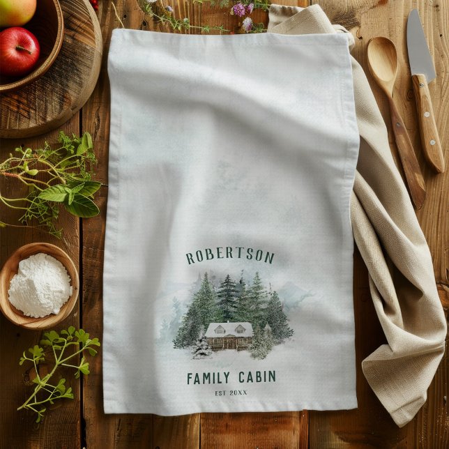 Aquareller Winter Pine Forest Family Kabine Geschirrtuch (Von Creator hochgeladen)