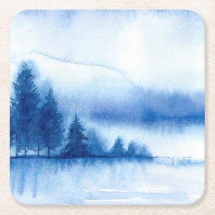 Aquareller Winter Pine Trees auf Wiederverwendbar Rechteckiger Pappuntersetzer