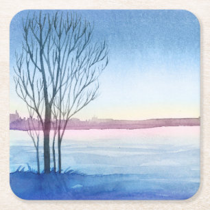 Aquareller Winterbaum Frozen See Wiederverwendbar Rechteckiger Pappuntersetzer