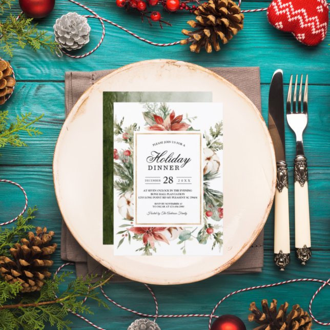 Aquareller Winterpoinsettia & Grüne Kiefernbäume Einladung (Von Creator hochgeladen)