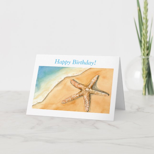 Aquareller zum Geburtstag Starfish am Strand Karte (Vorderseite)
