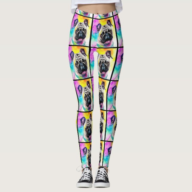 Aquarelles fröhliches Lächeln Mops welpen farbige  Leggings (Vorderseite)