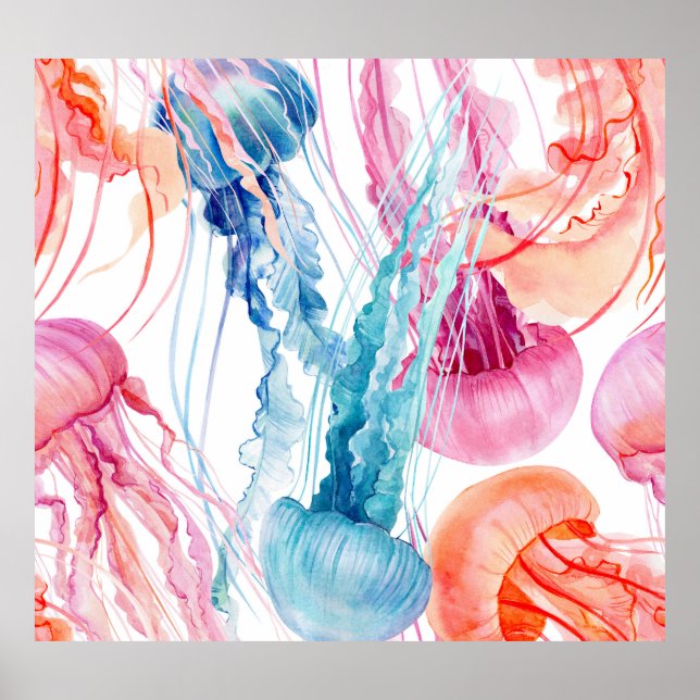 Aquarelles Leben: Blasen und Quallen Poster (Vorne)