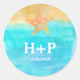 Aquarellestarfish-Hochzeits-Initialen Runder Aufkleber