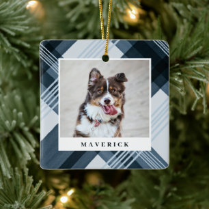 Aquarellfarbe Blau Kariert Pet Foto Weihnachten Keramikornament
