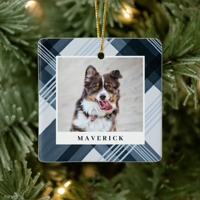 Aquarellfarbe Blau Kariert Pet Foto Weihnachten Keramikornament (Baum)