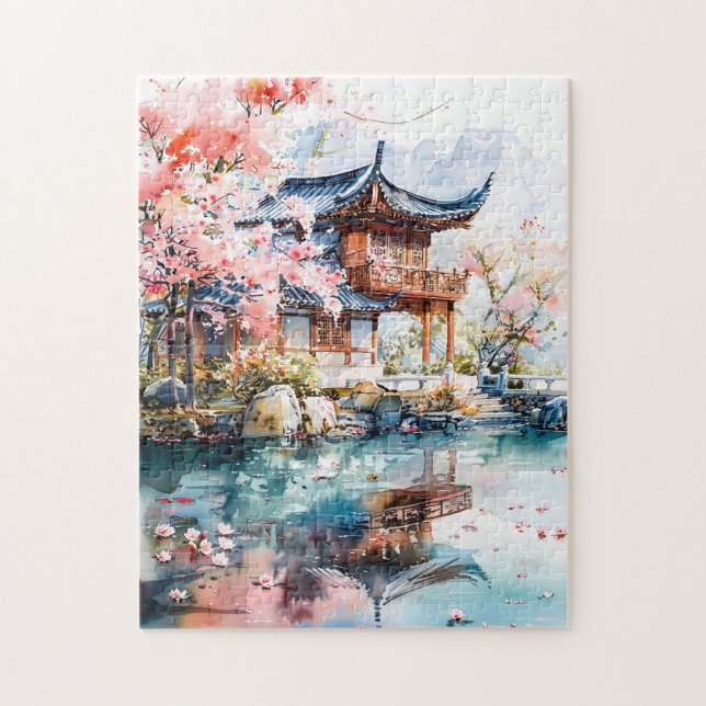 Aquarellfarbe chinesischer Schablone auf See. Puzzle (Vertikal)