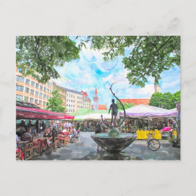 Aquarellfarbe des Münchner Viktualienmarkts. Postkarte (Vorderseite)