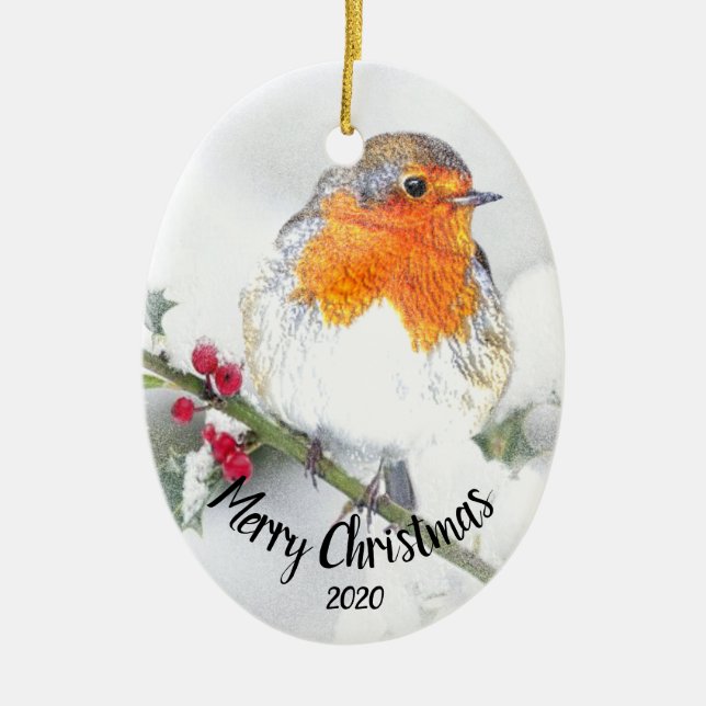Aquarellfarbe Englisch Robin Frohe Weihnachten Keramik Ornament (Vorne)