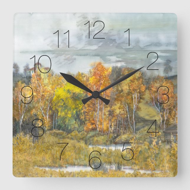 Aquarellfarbe für Herbst Quadratische Wanduhr (Vorderseite)