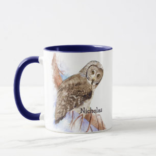 Aquarellfarbe Großer Grauer Owl Vogel Individuelle Tasse