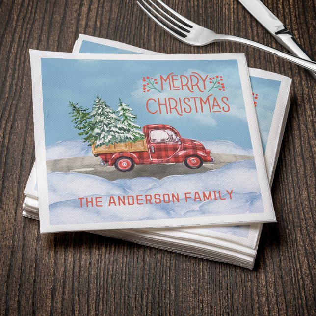Aquarellfarbe Karierter roter LKW Schnee Frohe Wei Serviette (Watercolor Plaid Red Truck Snow Merry Christmas Napkins
)