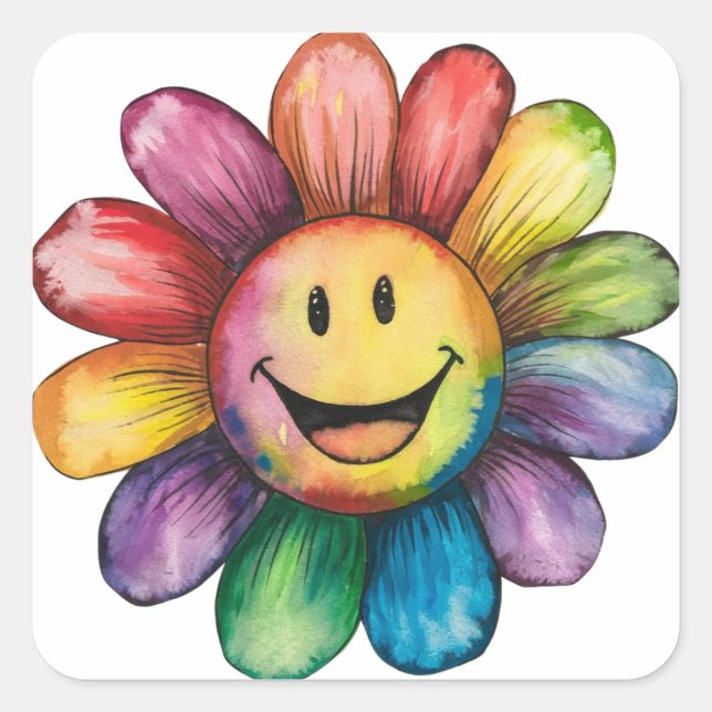 Aquarellfarbe Lächelnde Blume Quadratischer Aufkleber (Vorderseite)