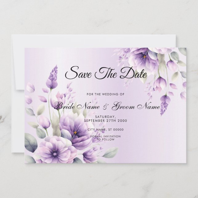 Aquarellfarbe Lila Floral Save the Date (Vorderseite)