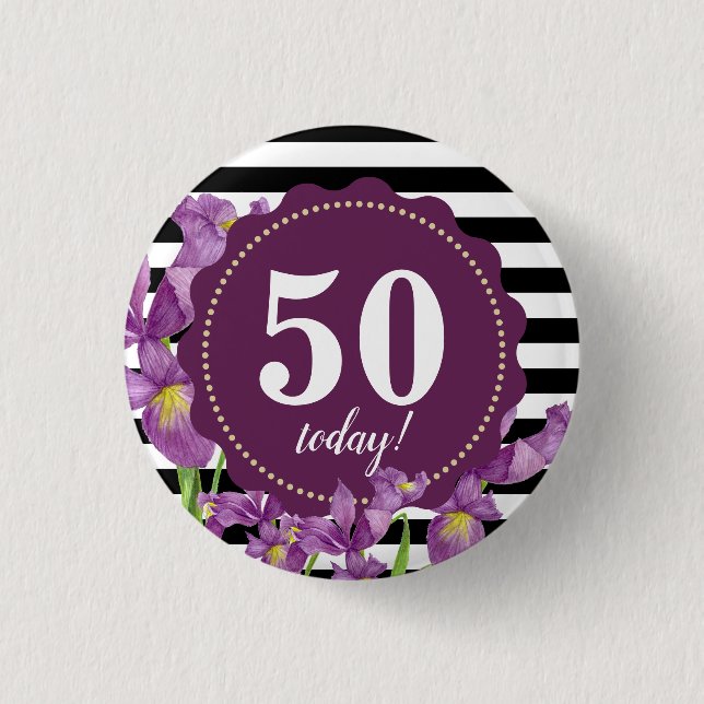 Aquarellfarbe Lila Iris Schwarz-weiße Streifen Button (Vorderseite)