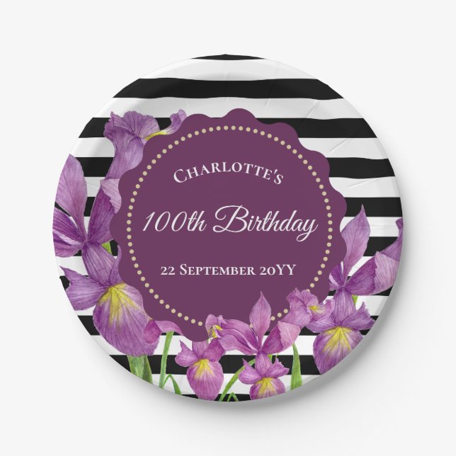 Aquarellfarbe Lila Iris Schwarz-weiße Streifen Pappteller (Vorderseite)