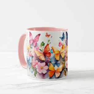 Aquarellfarbe Niedlich Rosa Schmetterling Blume Ta Tasse