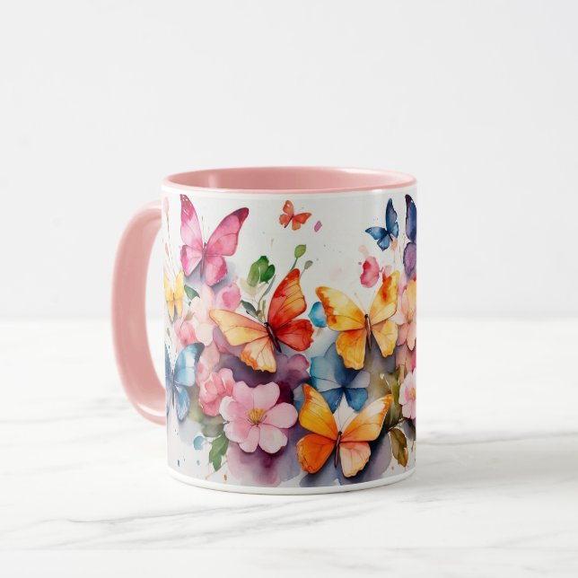 Aquarellfarbe Niedlich Rosa Schmetterling Blume Ta Tasse (Vorderseite Links)