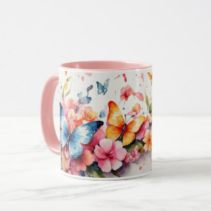 Aquarellfarbe Niedlich Rosa Schmetterling Blume Ta Tasse