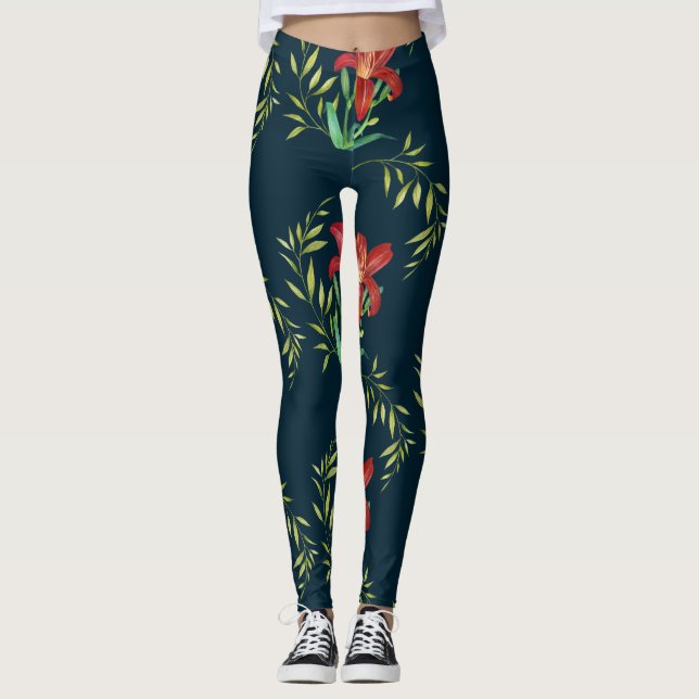 Aquarellfarbe Orange Lily Illustration Dunkeltürki Leggings (Vorderseite)