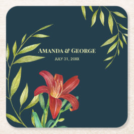 Aquarellfarbe Orange Lily Illustration Dunkeltürki Rechteckiger Pappuntersetzer