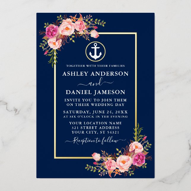 Aquarellfarbe Rosa bläsernaukaler Anker Blau Gold Folieneinladung (Vorderseite)