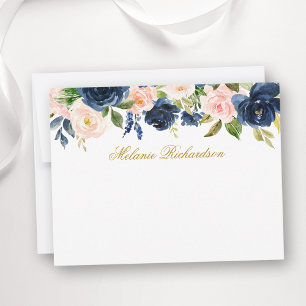 Aquarellfarbe Rosa Blau Blüten Personalisiert Gold Mitteilungskarte