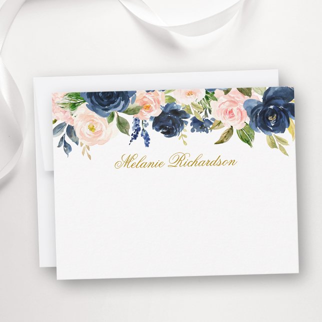 Aquarellfarbe Rosa Blau Blüten Personalisiert Gold Mitteilungskarte (Customize to change text size, color, style or to add more text to front or back of card.)
