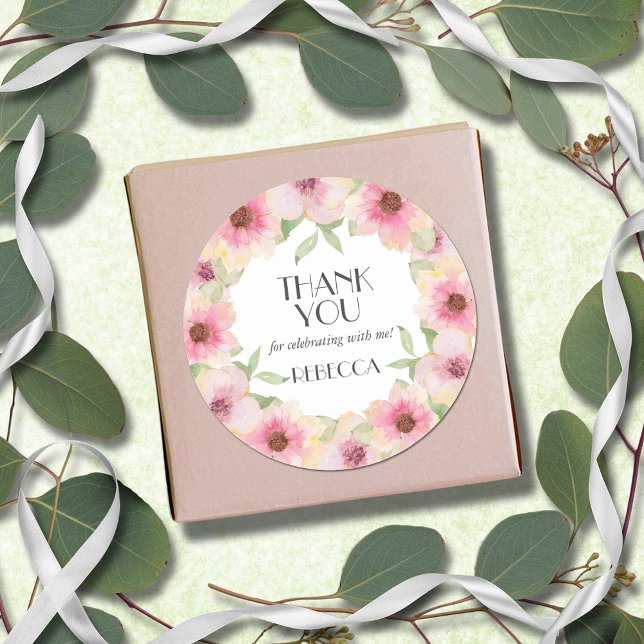 Aquarellfarbe Rosa Blume Runder Aufkleber (3" round stickers with yellow and pink blush flowers, thank you and your name)