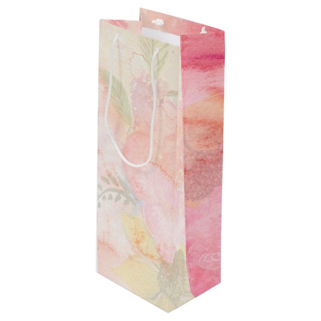 Aquarellfarbe Rosa Blumenuntergrund Geschenktüte Für Weinflaschen (Vorderseite Schrägansicht)