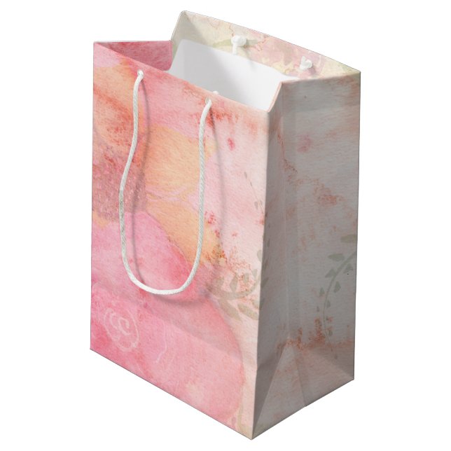 Aquarellfarbe Rosa Blumenuntergrund Mittlere Geschenktüte (Rückseite Schrägansicht)