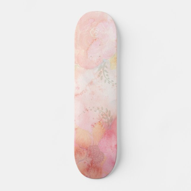 Aquarellfarbe Rosa Blumenuntergrund Skateboard (Vorderseite)