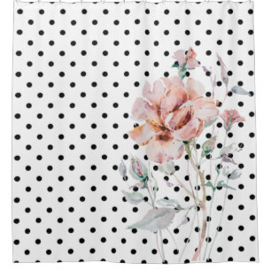 Aquarellfarbe Rosa Blüte auf schwarzen Punkten Duschvorhang