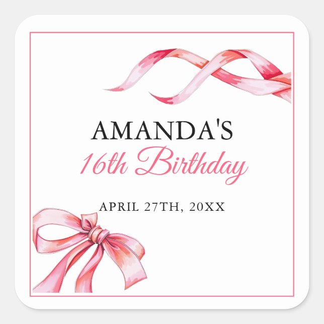 Aquarellfarbe Rosa Blütenfarben Bonbon Sweet 16 Ge Quadratischer Aufkleber (Vorderseite)