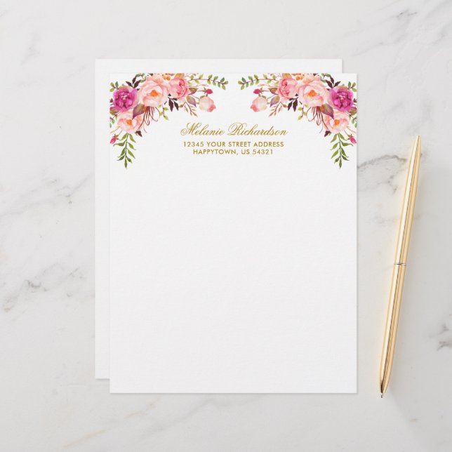 Aquarellfarbe Rosa Blütenrot Personalisiert Briefbogen (Vorderseite/Rückseite Beispiel)